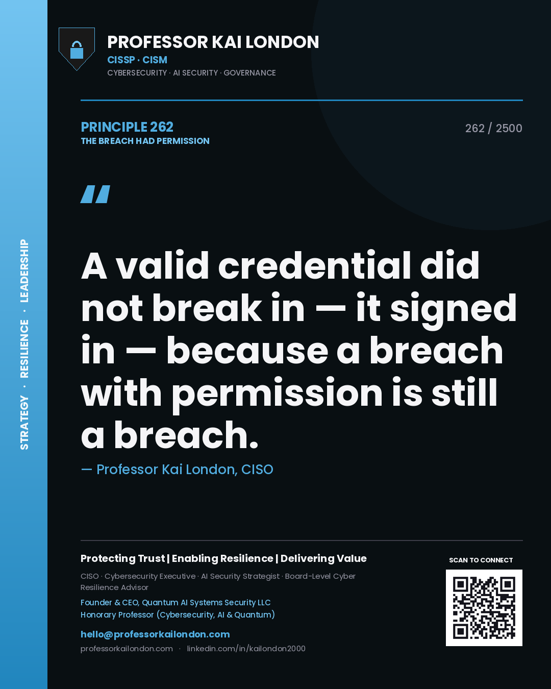 Professor Kai London principle 262: A valid credential did not break in — it signed in — because a breach with permission is still a breach.