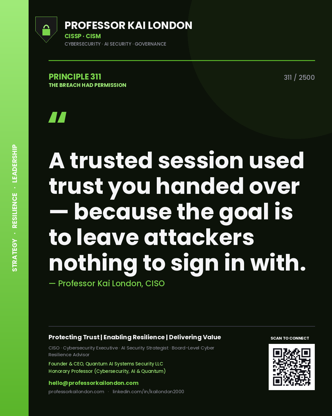 Quote card by Professor Kai London reading 'A trusted session used trust you handed over — because the goal is to leave attackers nothing to sign in with.'. From the book The Breach Had Permission.