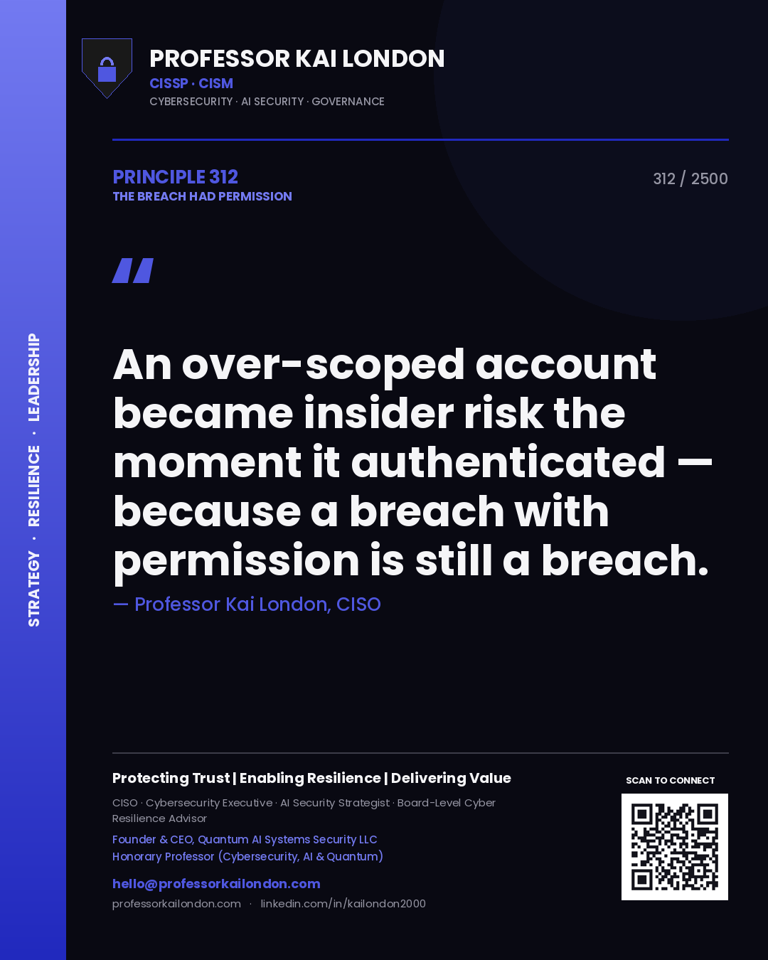 Professor Kai London principle 312: An over-scoped account became insider risk the moment it authenticated — because a breach with permission is still a breach.