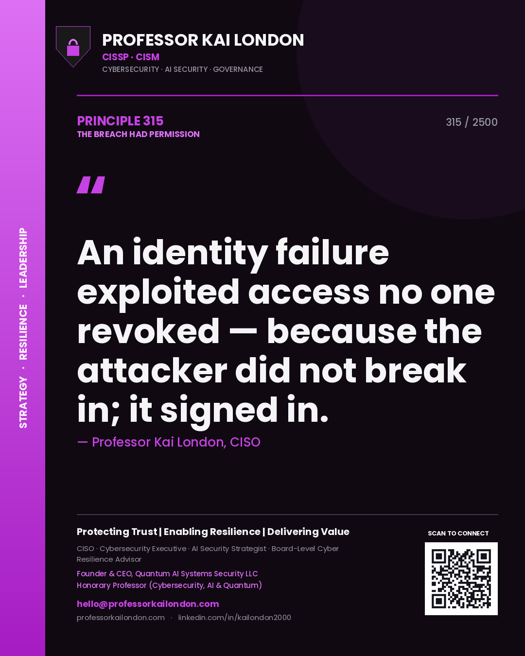 Quote card by Professor Kai London reading 'An identity failure exploited access no one revoked — because the attacker did not break in; it signed in.'. From the book The Breach Had Permission.