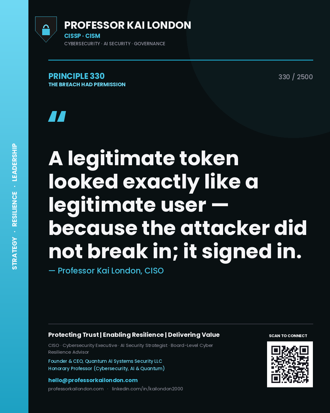Quote card by Professor Kai London reading 'A legitimate token looked exactly like a legitimate user — because the attacker did not break in; it signed in.'. From the book The Breach Had Permission.
