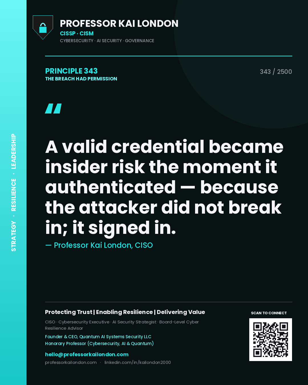 Professor Kai London principle 343: A valid credential became insider risk the moment it authenticated — because the attacker did not break in; it signed in.
