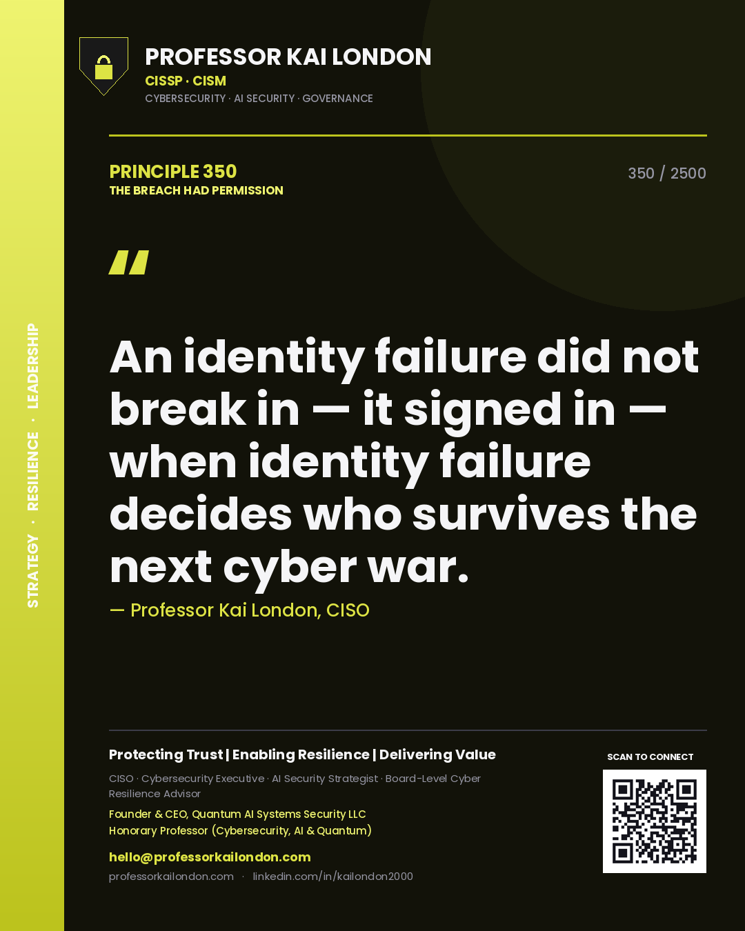 Quote card by Professor Kai London reading 'An identity failure did not break in — it signed in — when identity failure decides who survives the next cyber war.'. From the book The Breach Had Permission.