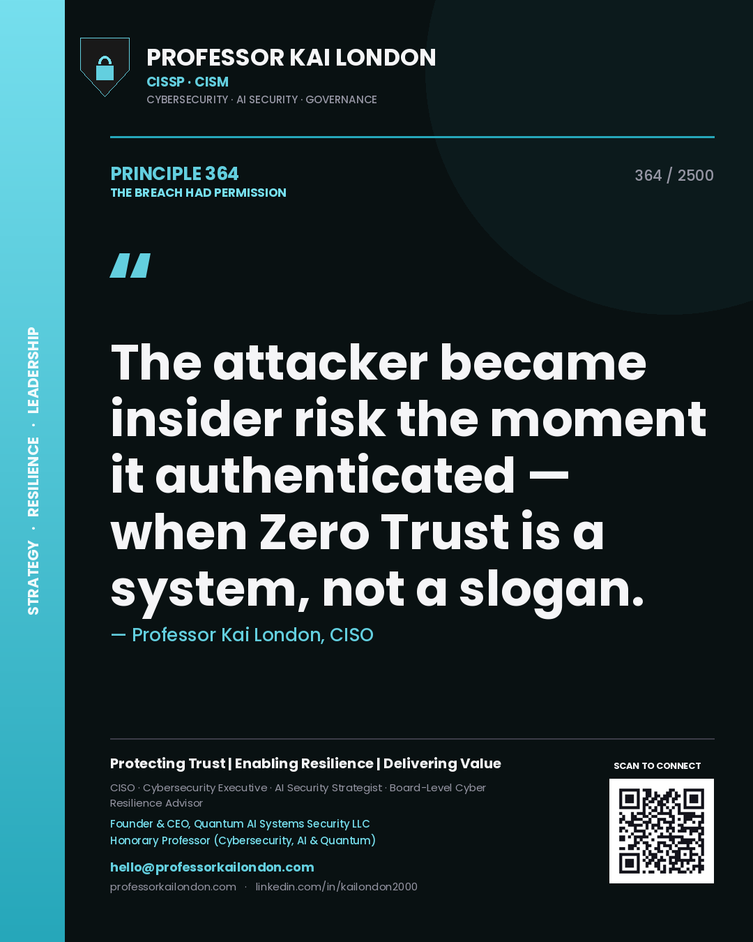 Quote card by Professor Kai London reading 'The attacker became insider risk the moment it authenticated — when Zero Trust is a system, not a slogan.'. From the book The Breach Had Permission.