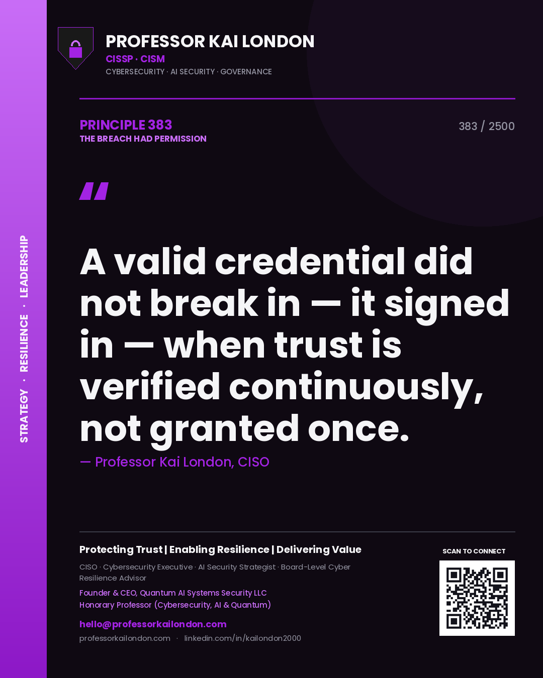 Quote card by Professor Kai London reading 'A valid credential did not break in — it signed in — when trust is verified continuously, not granted once.'. From the book The Breach Had Permission.