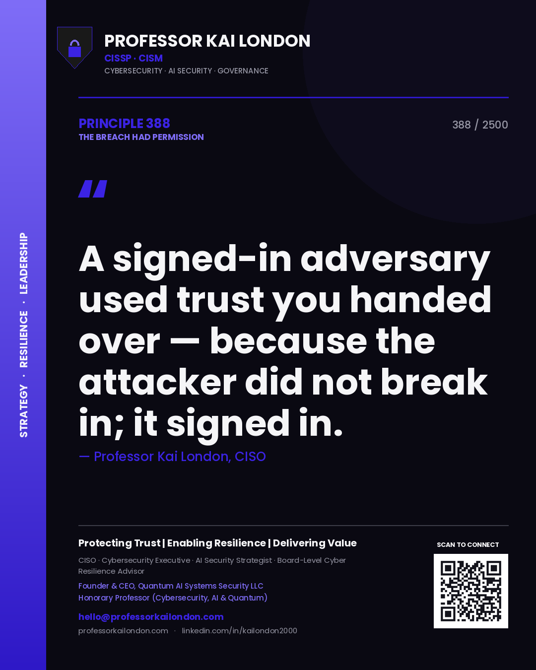 Quote card by Professor Kai London reading 'A signed-in adversary used trust you handed over — because the attacker did not break in; it signed in.'. From the book The Breach Had Permission.