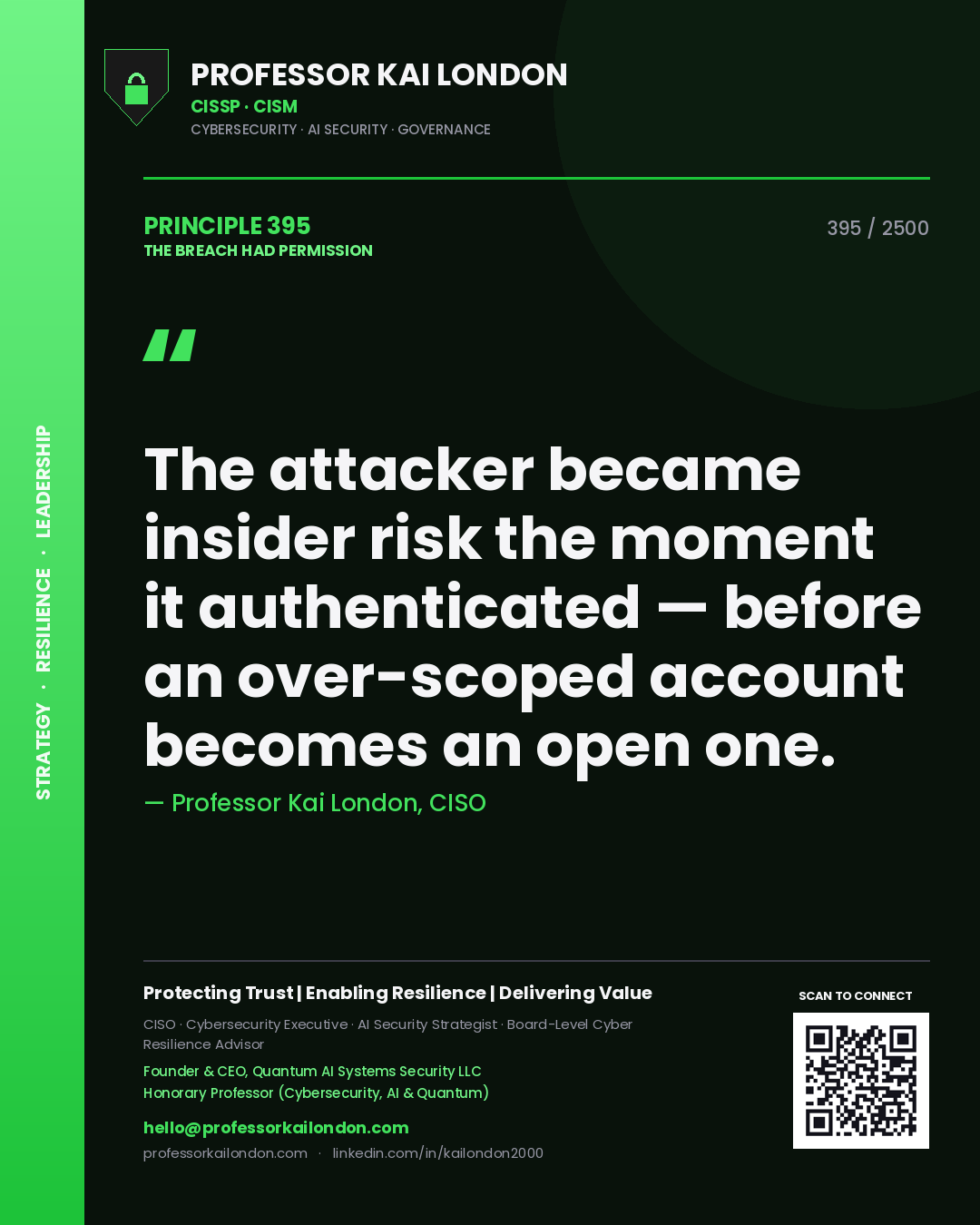 Quote card by Professor Kai London reading 'The attacker became insider risk the moment it authenticated — before an over-scoped account becomes an open one.'. From the book The Breach Had Permission.