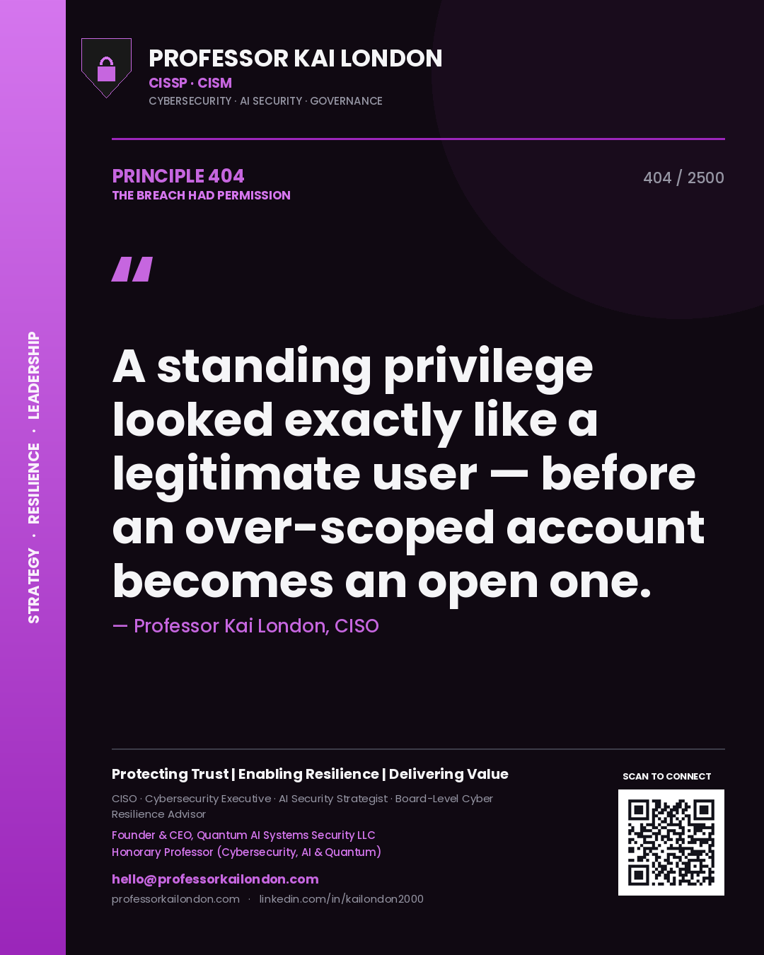 Professor Kai London principle 404: A standing privilege looked exactly like a legitimate user — before an over-scoped account becomes an open one.