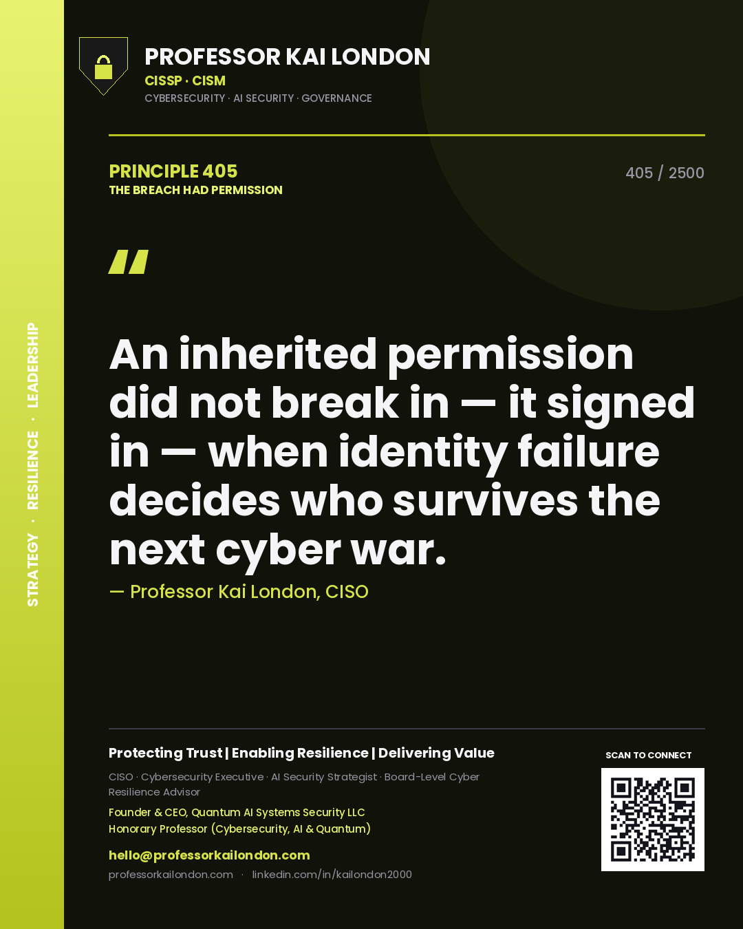 Professor Kai London principle 405: An inherited permission did not break in — it signed in — when identity failure decides who survives the next cyber war.