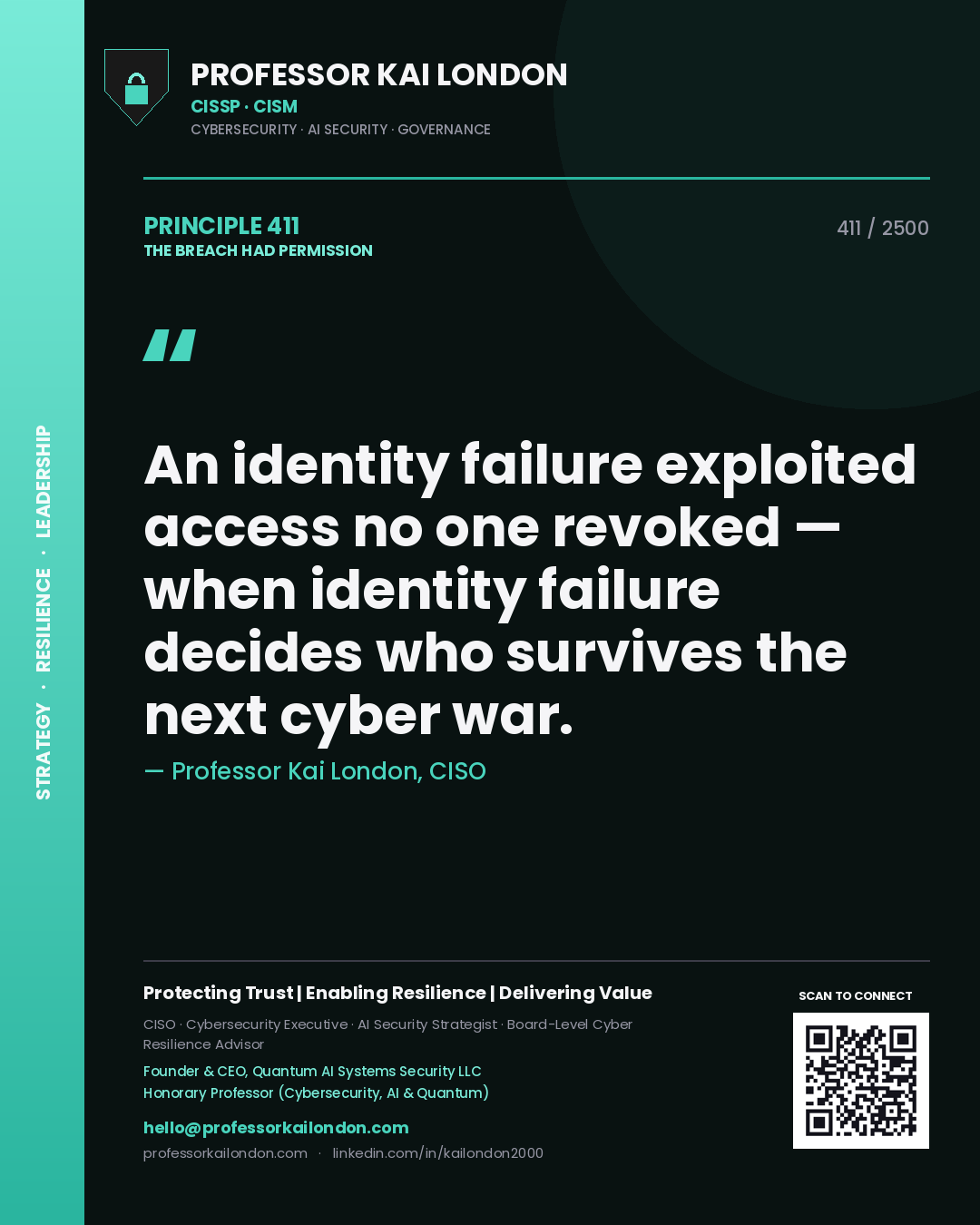 Professor Kai London principle 411: An identity failure exploited access no one revoked — when identity failure decides who survives the next cyber war.