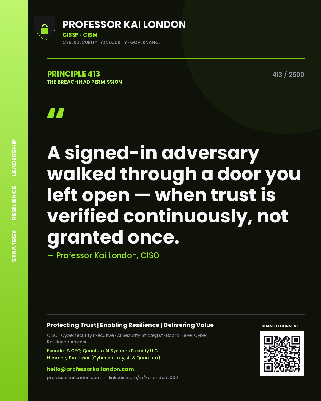 Professor Kai London principle 413: A signed-in adversary walked through a door you left open — when trust is verified continuously, not granted once.