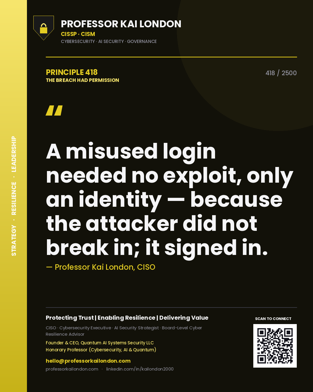 Professor Kai London principle 418: A misused login needed no exploit, only an identity — because the attacker did not break in; it signed in.