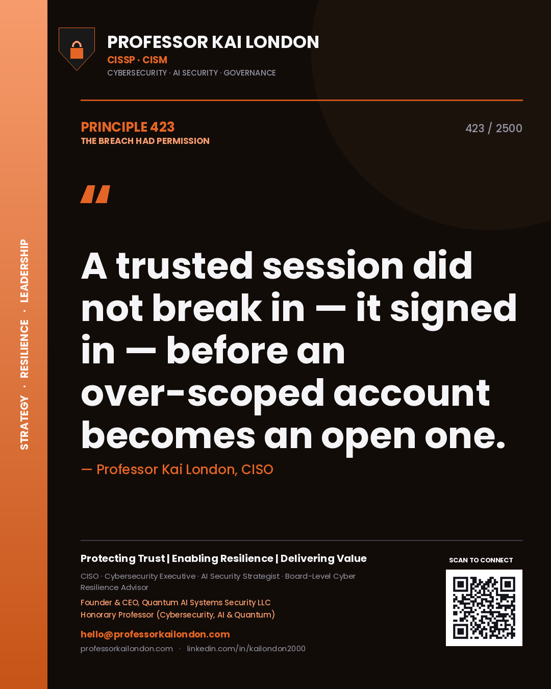 Quote card by Professor Kai London reading 'A trusted session did not break in — it signed in — before an over-scoped account becomes an open one.'. From the book The Breach Had Permission.
