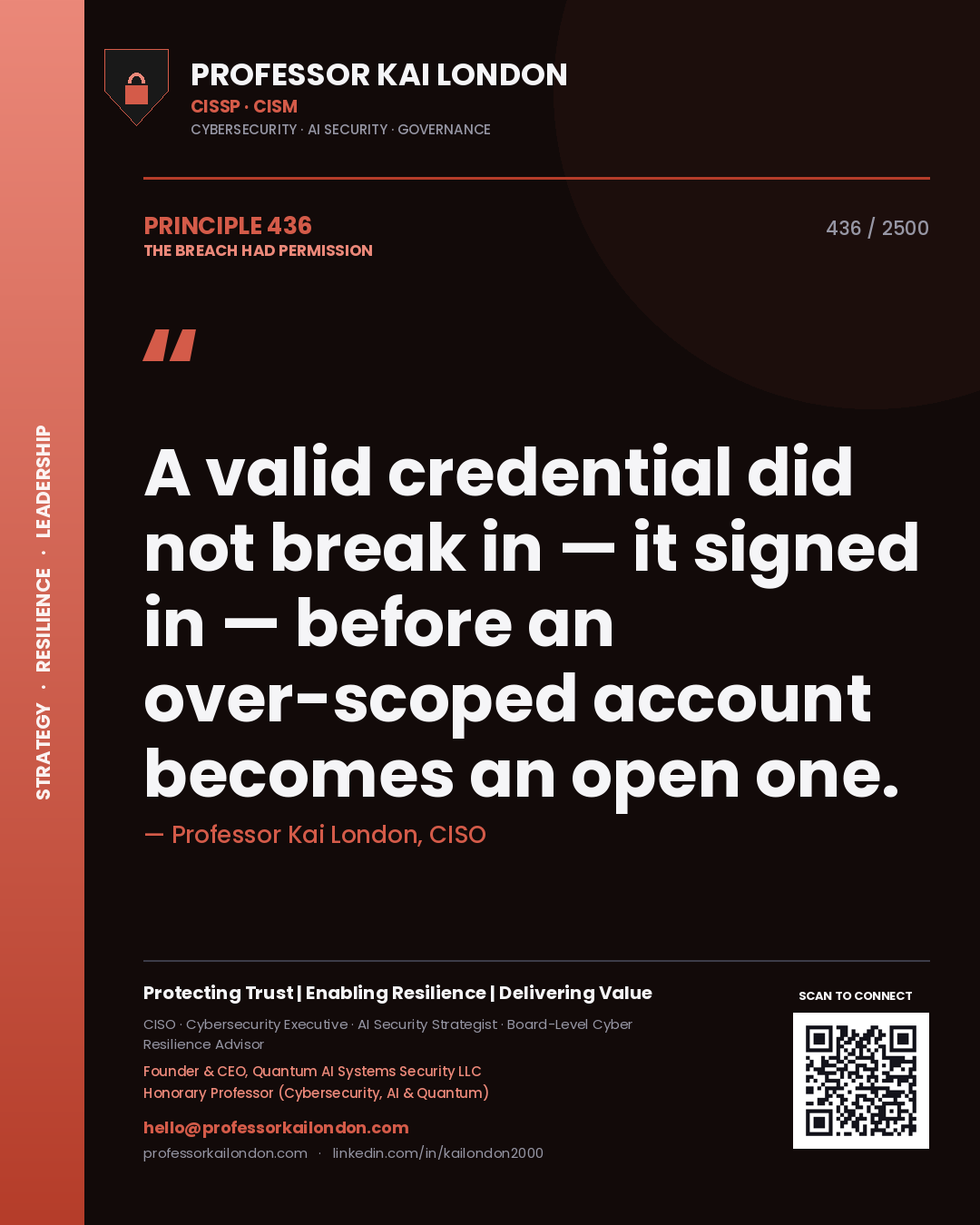 Professor Kai London principle 436: A valid credential did not break in — it signed in — before an over-scoped account becomes an open one.