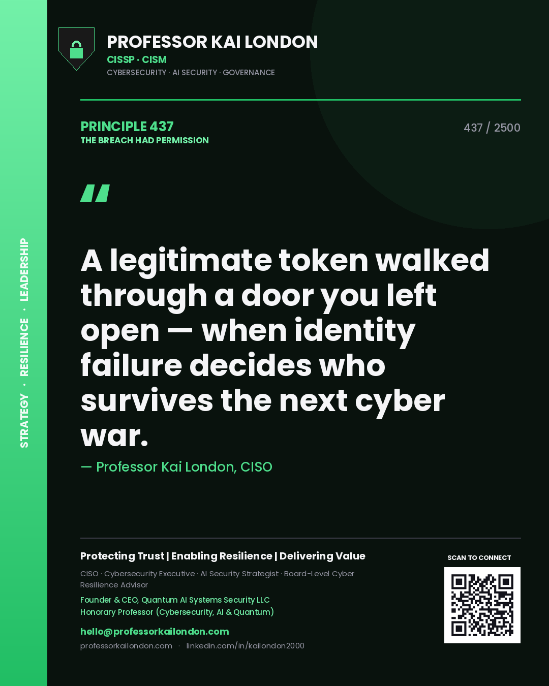 Quote card by Professor Kai London reading 'A legitimate token walked through a door you left open — when identity failure decides who survives the next cyber war.'. From the book The Breach Had Permission.