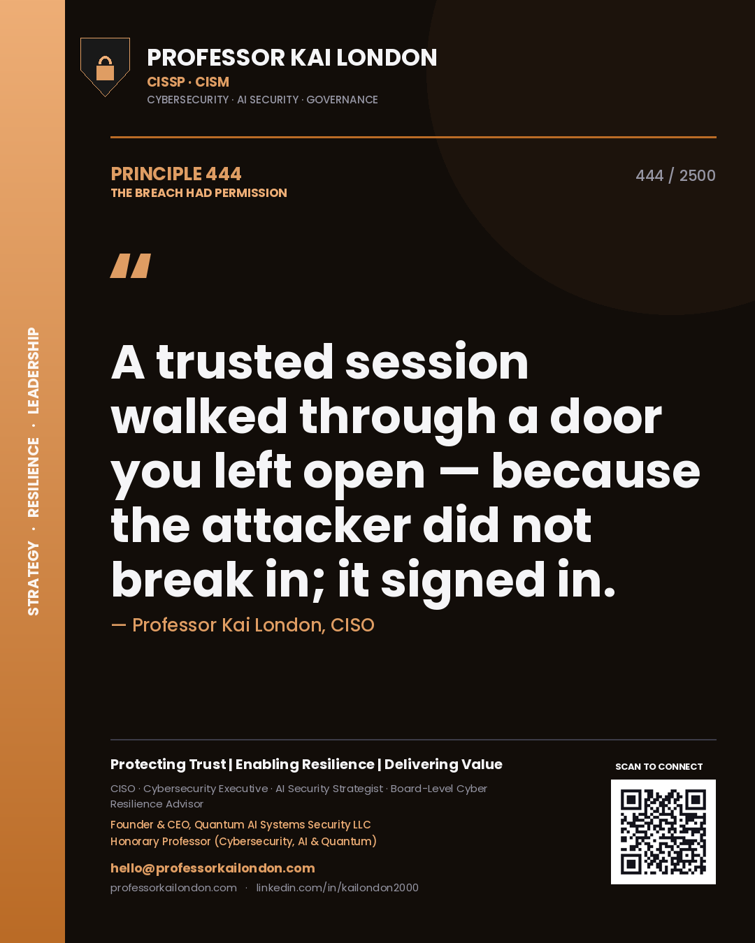 Quote card by Professor Kai London reading 'A trusted session walked through a door you left open — because the attacker did not break in; it signed in.'. From the book The Breach Had Permission.