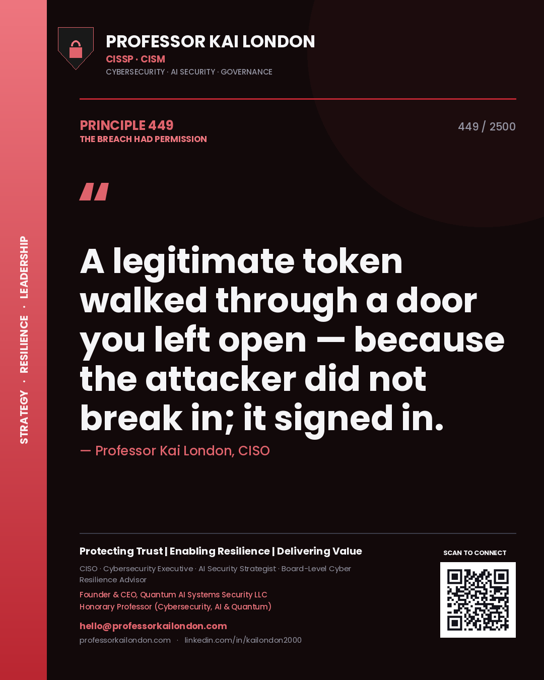 Professor Kai London principle 449: A legitimate token walked through a door you left open — because the attacker did not break in; it signed in.