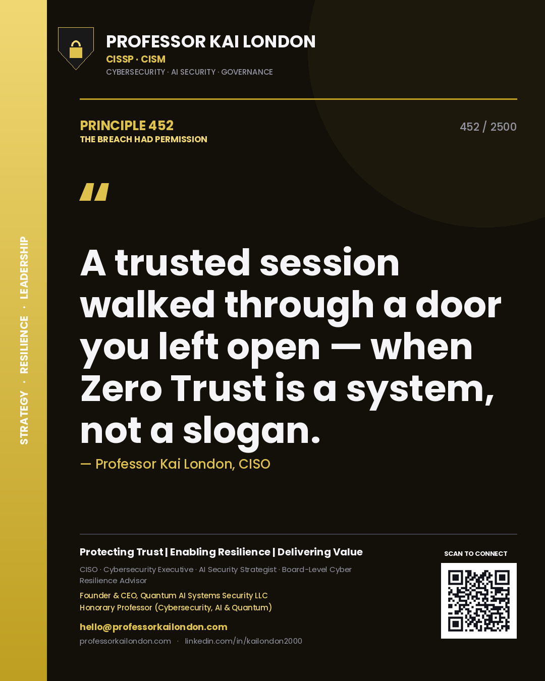 Quote card by Professor Kai London reading 'A trusted session walked through a door you left open — when Zero Trust is a system, not a slogan.'. From the book The Breach Had Permission.