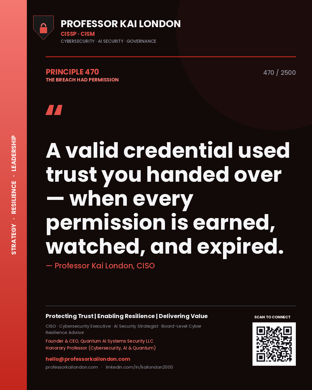 Quote card by Professor Kai London reading 'A valid credential used trust you handed over — when every permission is earned, watched, and expired.'. From the book The Breach Had Permission.