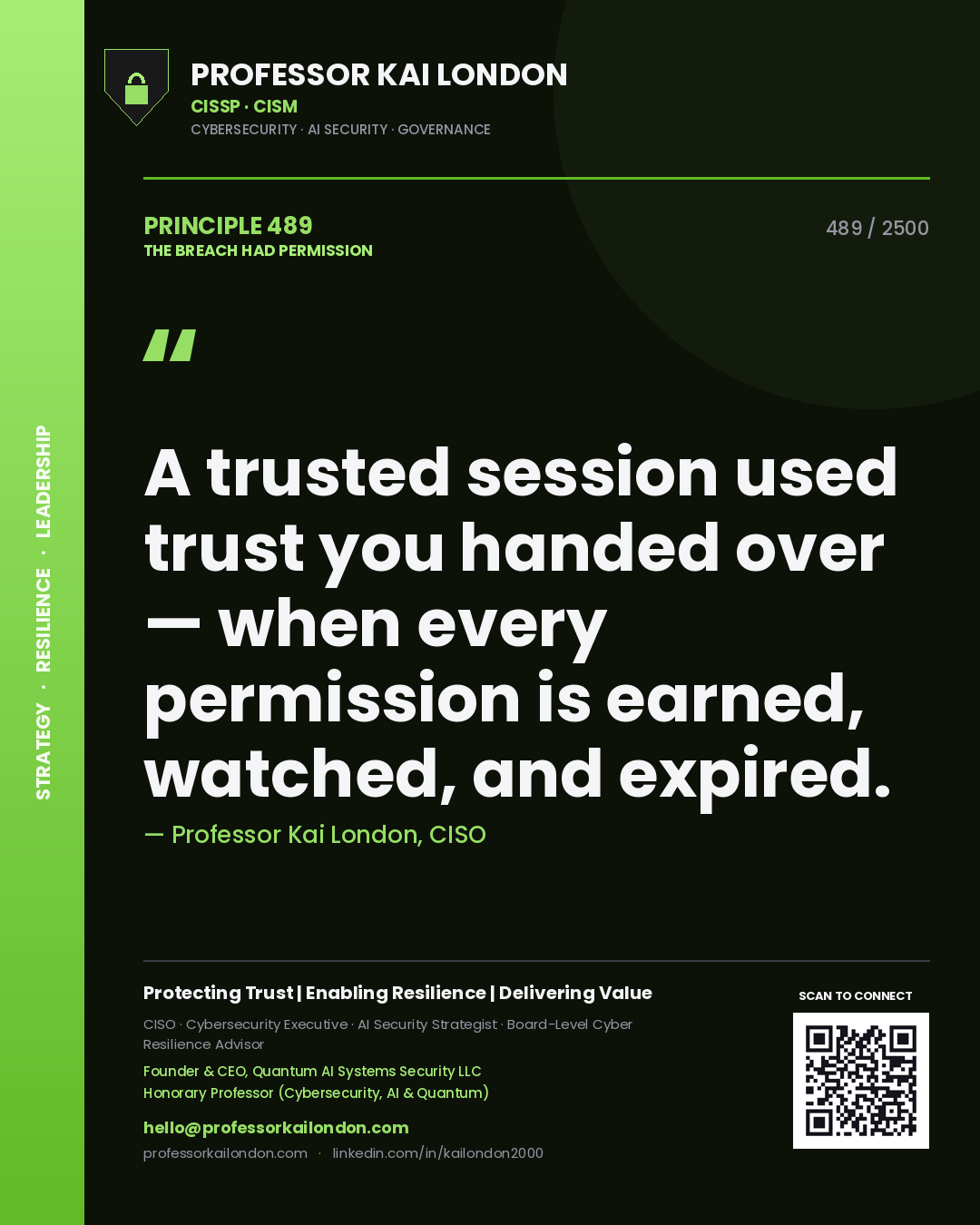 Professor Kai London principle 489: A trusted session used trust you handed over — when every permission is earned, watched, and expired.