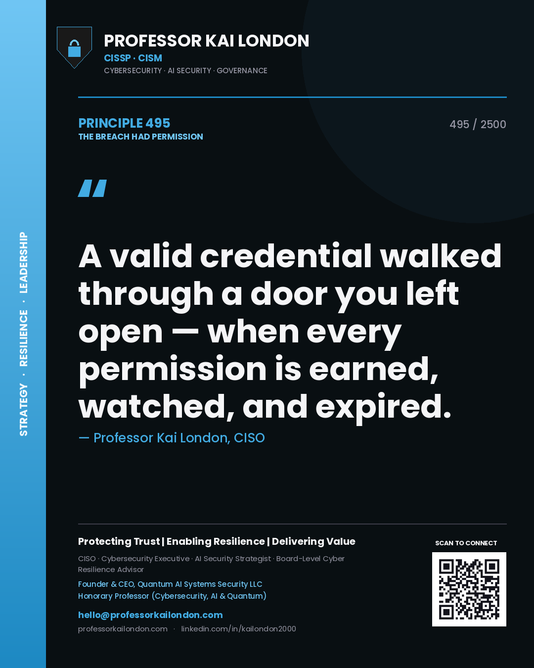 Professor Kai London principle 495: A valid credential walked through a door you left open — when every permission is earned, watched, and expired.