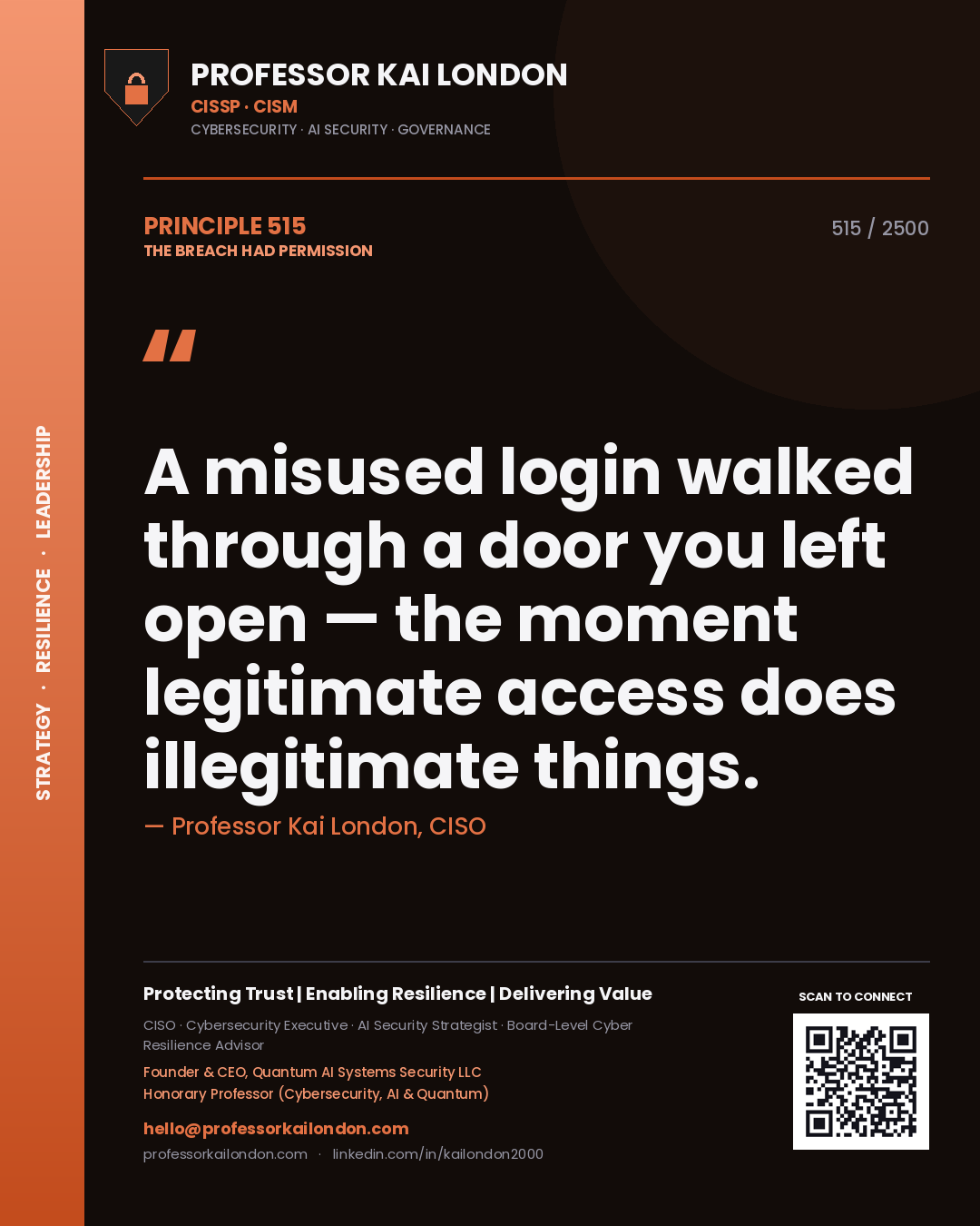 Quote card by Professor Kai London reading 'A misused login walked through a door you left open — the moment legitimate access does illegitimate things.'. From the book The Breach Had Permission.