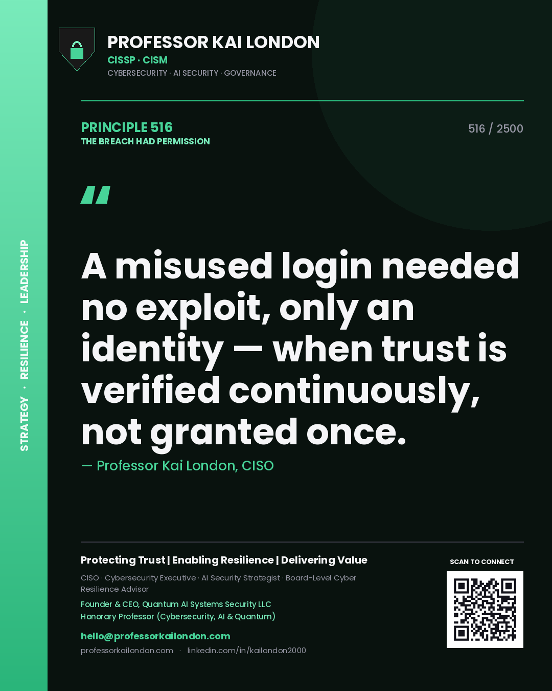 Professor Kai London principle 516: A misused login needed no exploit, only an identity — when trust is verified continuously, not granted once.