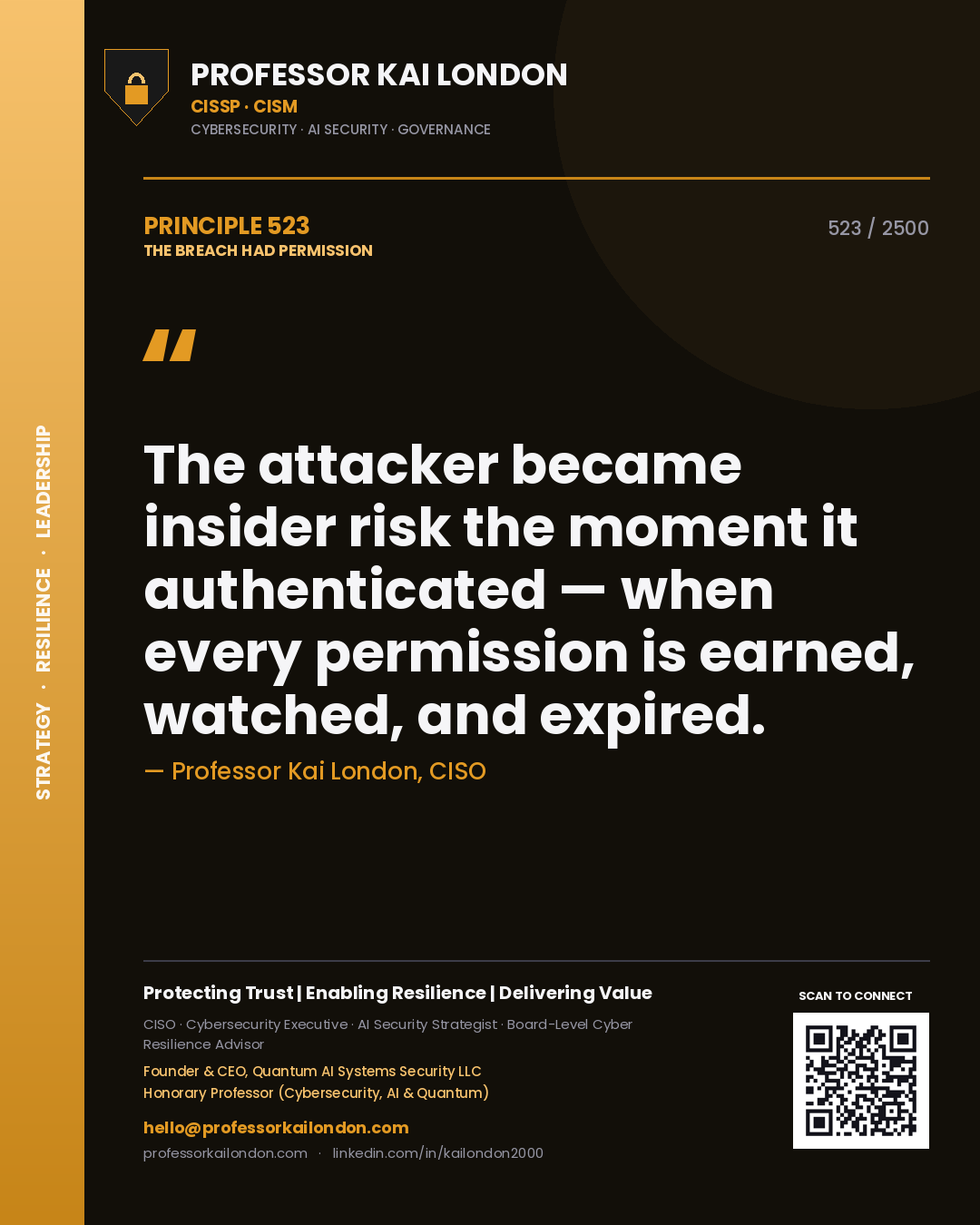 Quote card by Professor Kai London reading 'The attacker became insider risk the moment it authenticated — when every permission is earned, watched, and expired.'. From the book The Breach Had Permission.