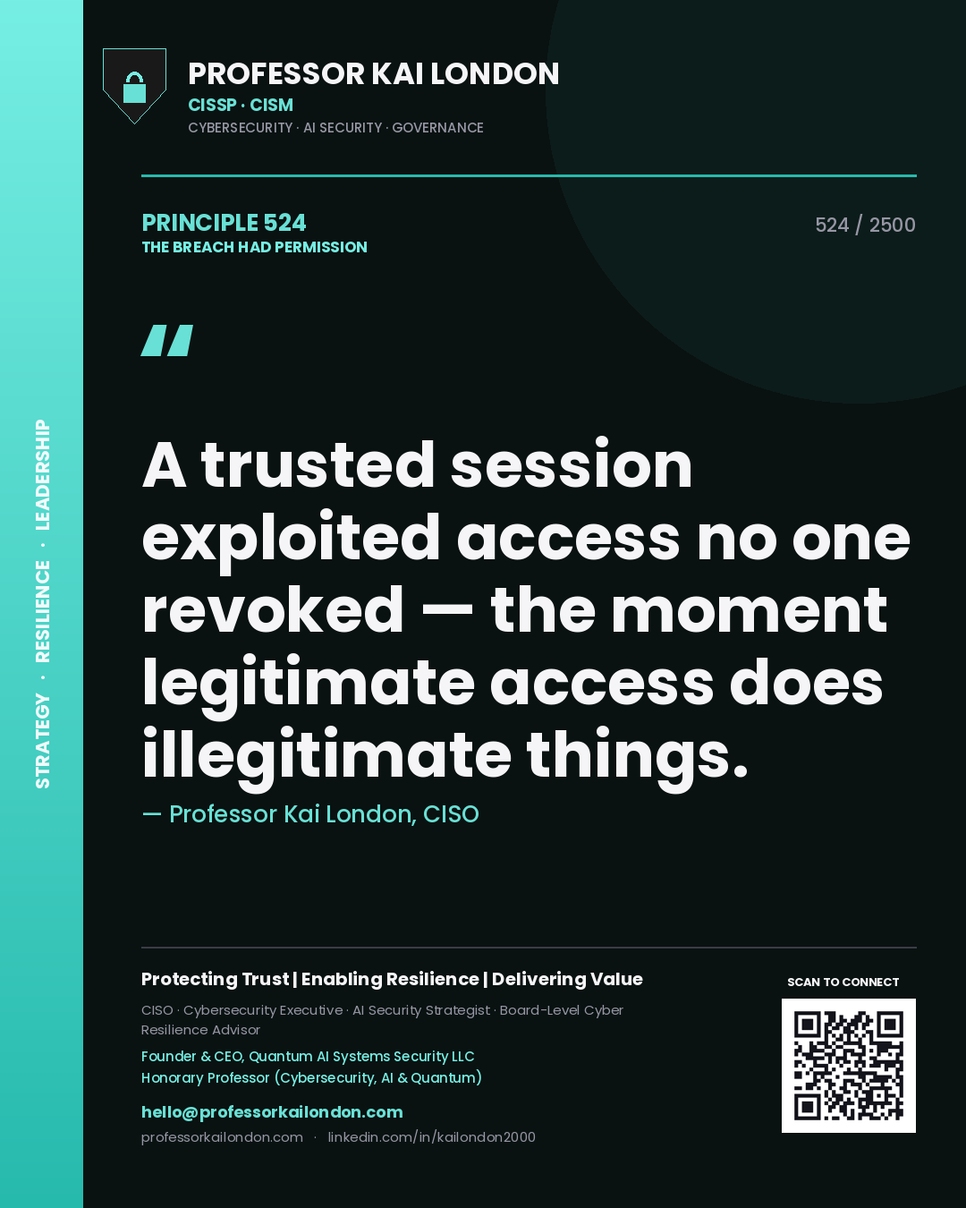 Quote card by Professor Kai London reading 'A trusted session exploited access no one revoked — the moment legitimate access does illegitimate things.'. From the book The Breach Had Permission.