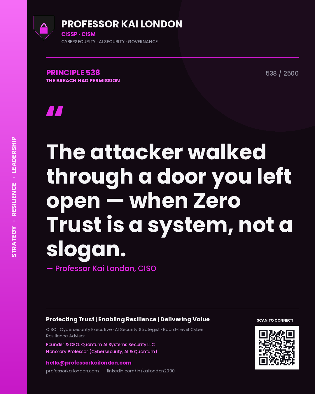 Professor Kai London principle 538: The attacker walked through a door you left open — when Zero Trust is a system, not a slogan.
