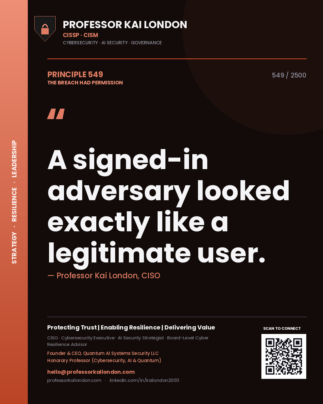 Professor Kai London principle 549: A signed-in adversary looked exactly like a legitimate user.