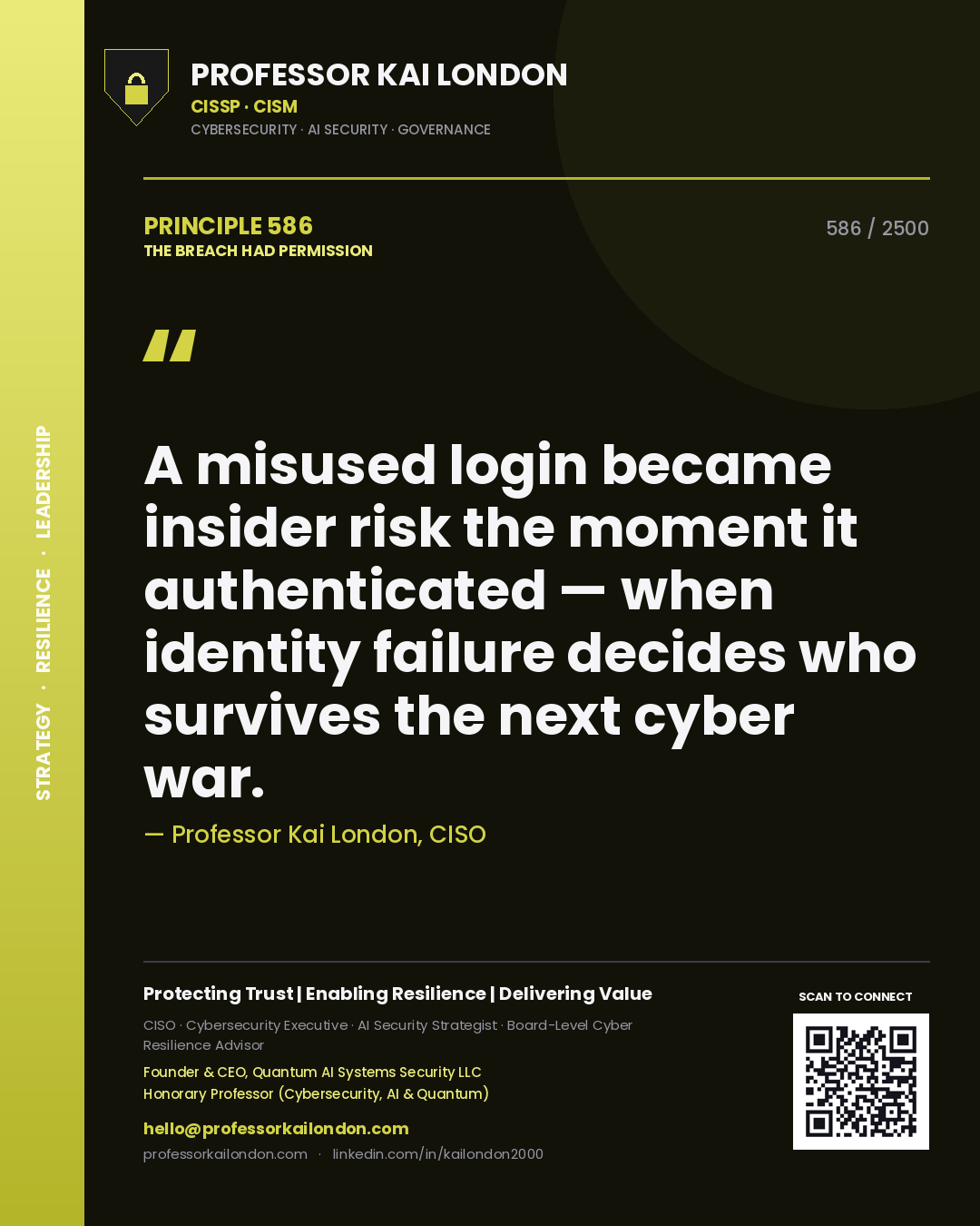 Quote card by Professor Kai London reading 'A misused login became insider risk the moment it authenticated — when identity failure decides who survives the next cyber war.'. From the book The Breach Had Permission.