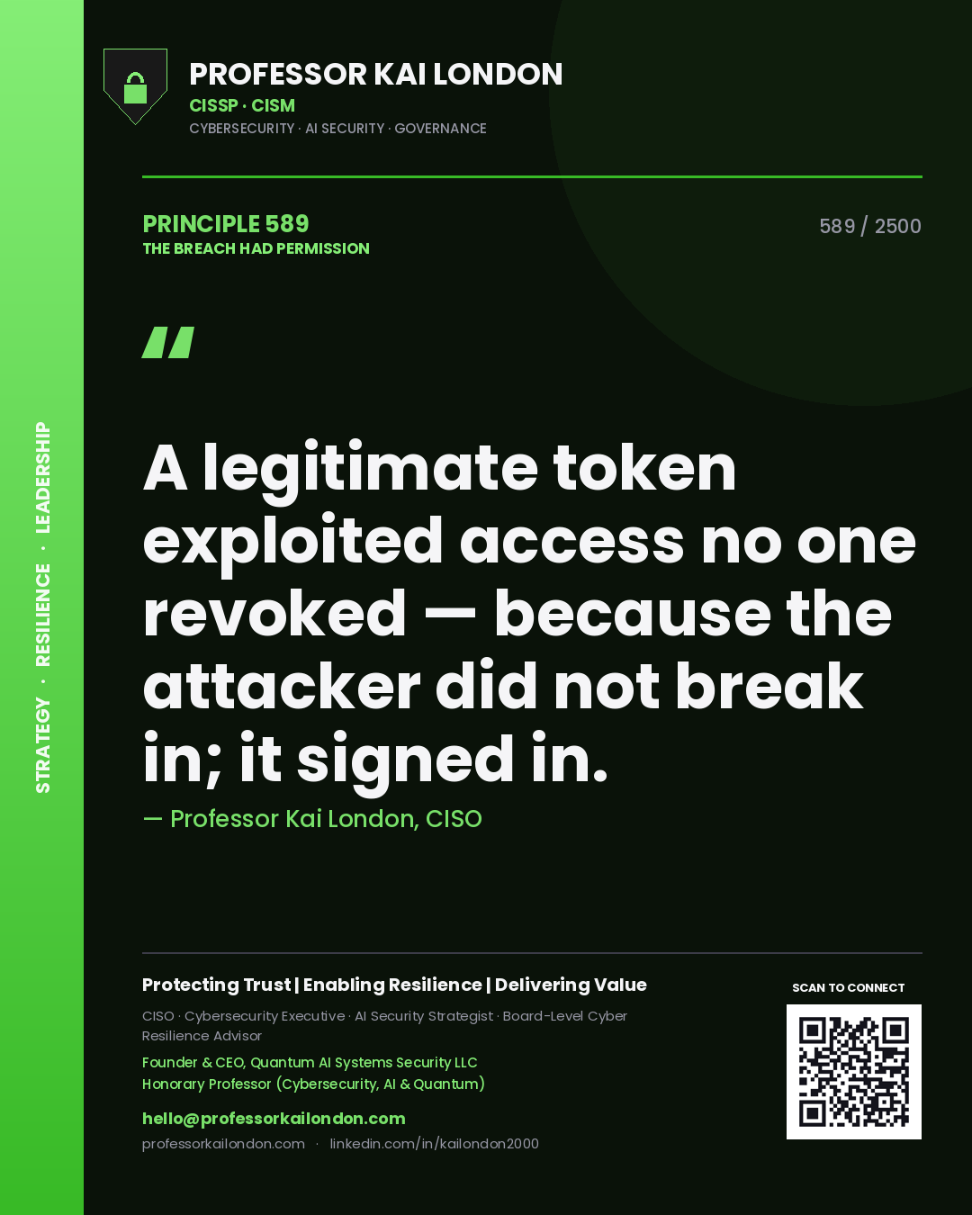 Quote card by Professor Kai London reading 'A legitimate token exploited access no one revoked — because the attacker did not break in; it signed in.'. From the book The Breach Had Permission.