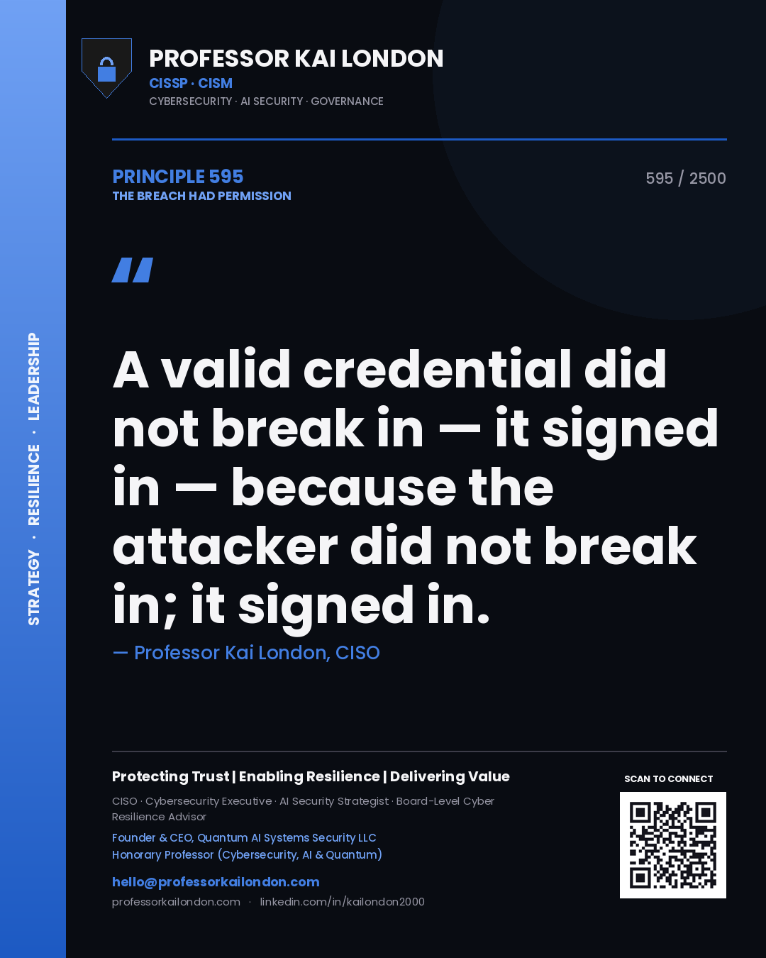 Quote card by Professor Kai London reading 'A valid credential did not break in — it signed in — because the attacker did not break in; it signed in.'. From the book The Breach Had Permission.