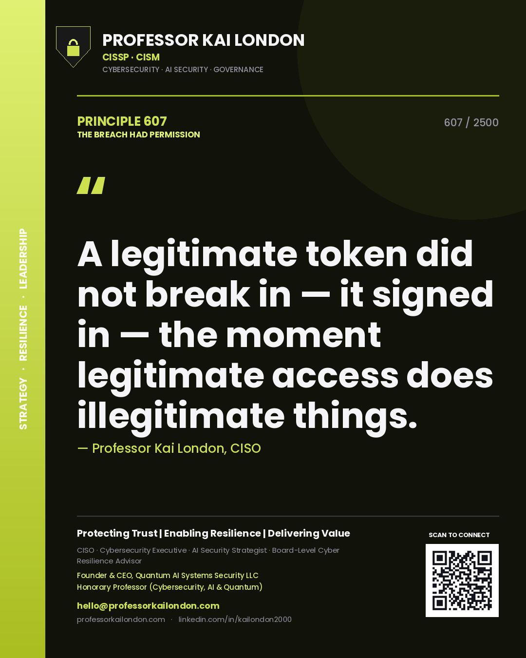 Quote card by Professor Kai London reading 'A legitimate token did not break in — it signed in — the moment legitimate access does illegitimate things.'. From the book The Breach Had Permission.