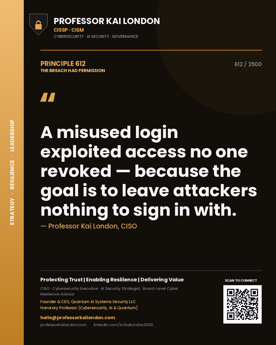 Quote card by Professor Kai London reading 'A misused login exploited access no one revoked — because the goal is to leave attackers nothing to sign in with.'. From the book The Breach Had Permission.