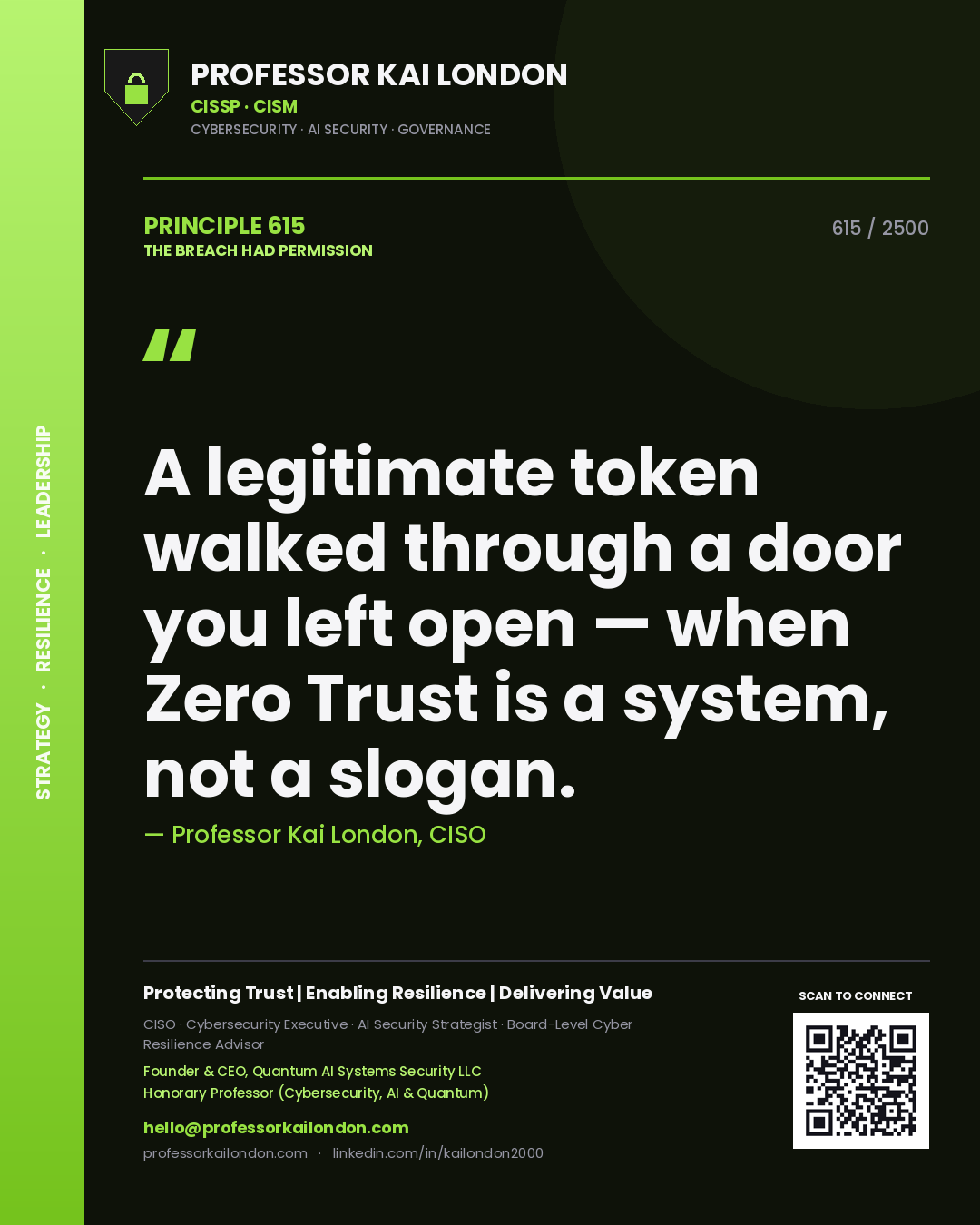 Professor Kai London principle 615: A legitimate token walked through a door you left open — when Zero Trust is a system, not a slogan.
