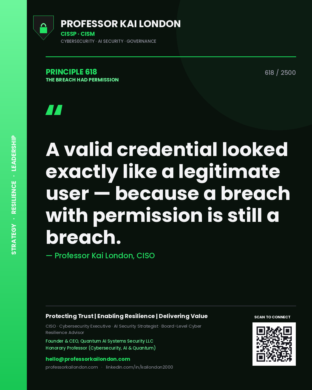 Professor Kai London principle 618: A valid credential looked exactly like a legitimate user — because a breach with permission is still a breach.
