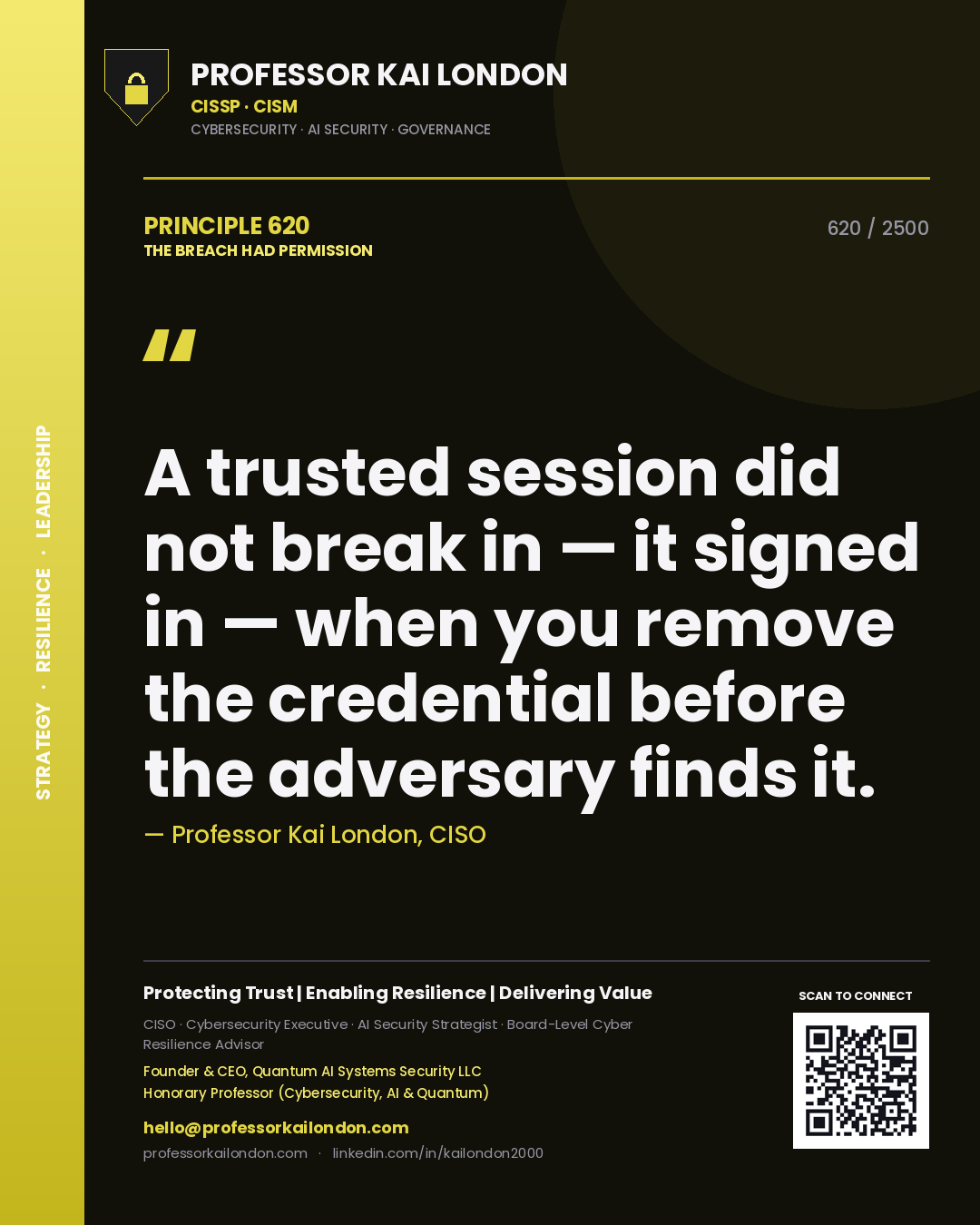 Professor Kai London principle 620: A trusted session did not break in — it signed in — when you remove the credential before the adversary finds it.