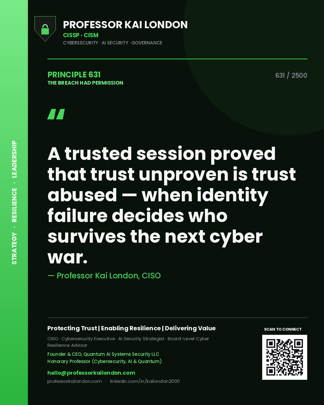Quote card by Professor Kai London reading 'A trusted session proved that trust unproven is trust abused — when identity failure decides who survives the next cyber war.'. From the book The Breach Had Permission.