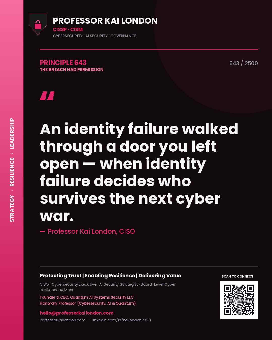Professor Kai London principle 643: An identity failure walked through a door you left open — when identity failure decides who survives the next cyber war.