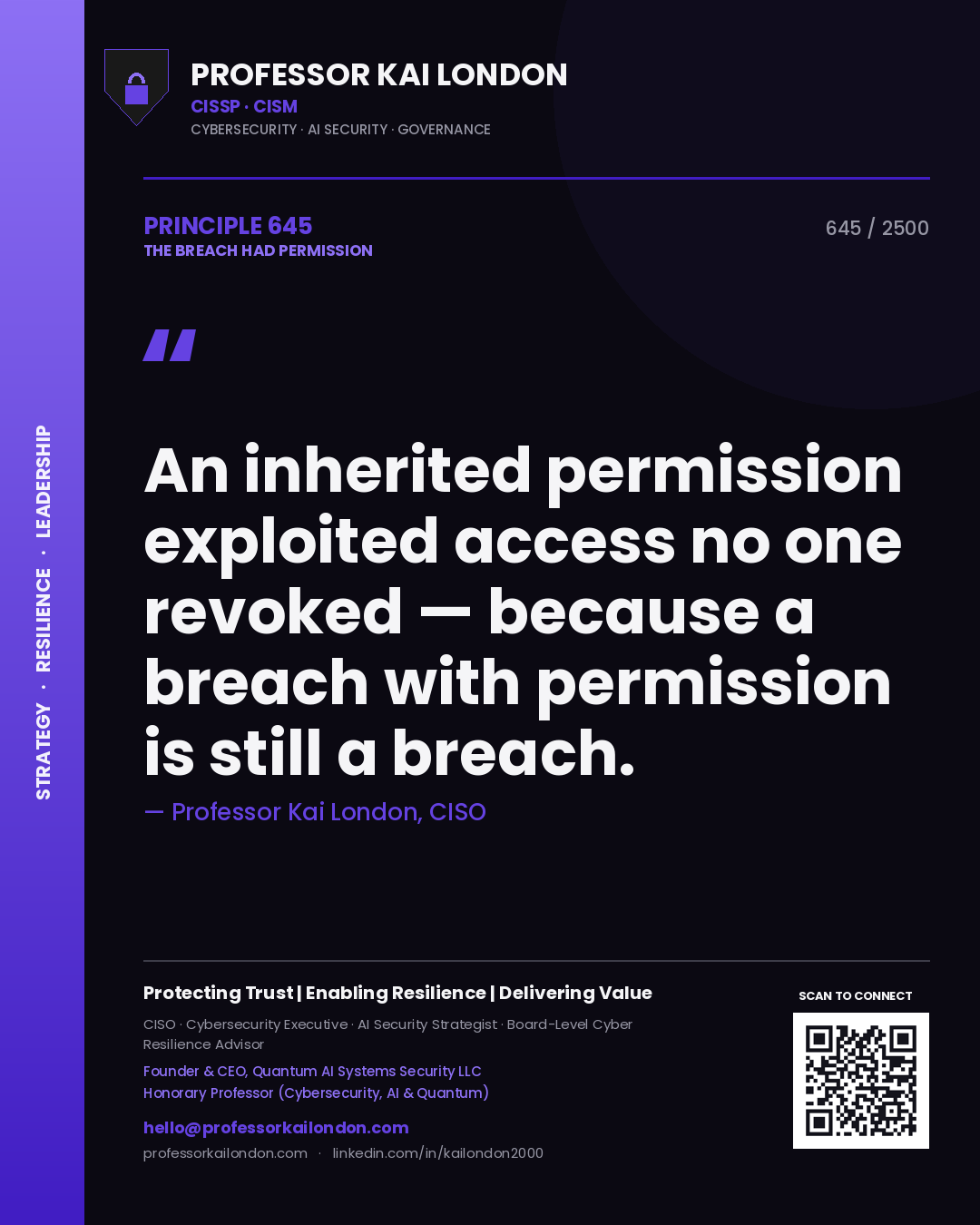 Professor Kai London principle 645: An inherited permission exploited access no one revoked — because a breach with permission is still a breach.