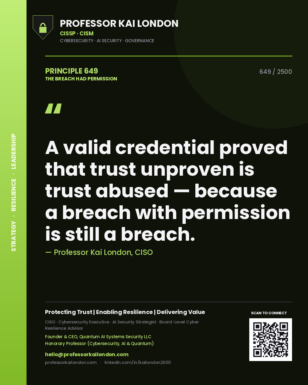 Professor Kai London principle 649: A valid credential proved that trust unproven is trust abused — because a breach with permission is still a breach.