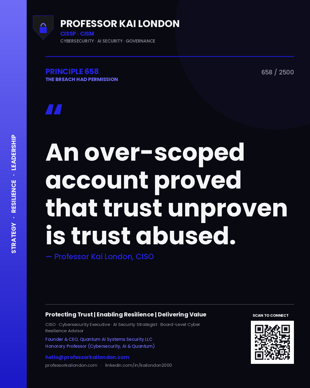 Quote card by Professor Kai London reading 'An over-scoped account proved that trust unproven is trust abused.'. From the book The Breach Had Permission.