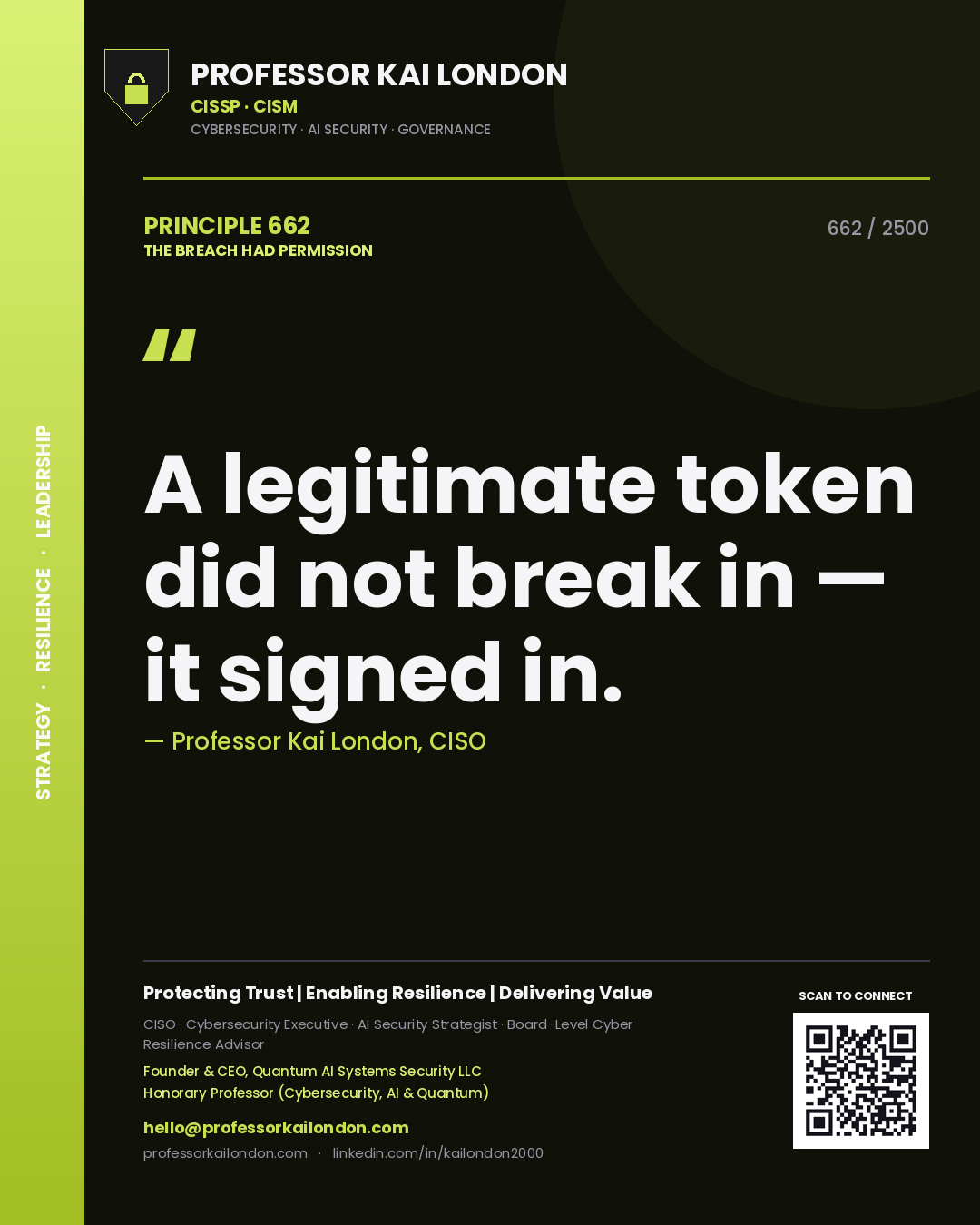 Quote card by Professor Kai London reading 'A legitimate token did not break in — it signed in.'. From the book The Breach Had Permission.