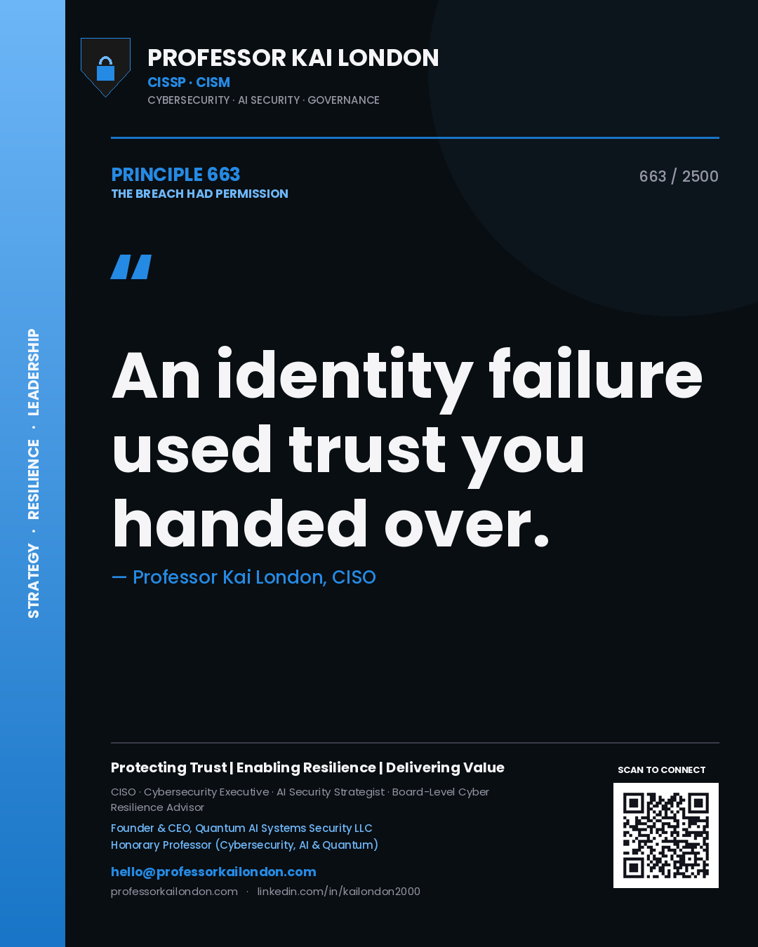 Quote card by Professor Kai London reading 'An identity failure used trust you handed over.'. From the book The Breach Had Permission.
