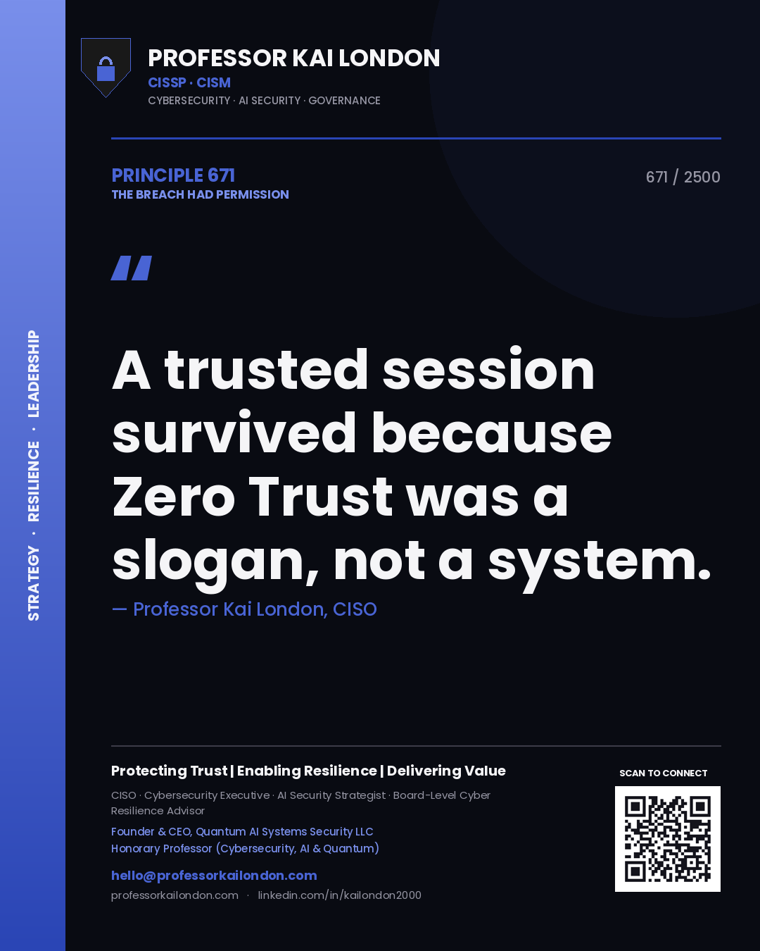 Professor Kai London principle 671: A trusted session survived because Zero Trust was a slogan, not a system.