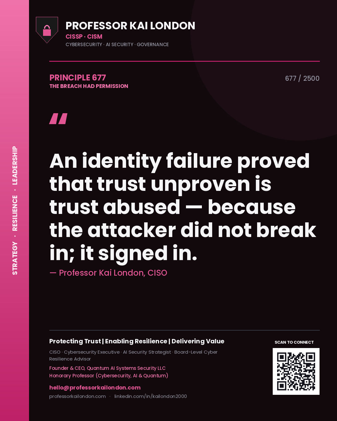 Professor Kai London principle 677: An identity failure proved that trust unproven is trust abused — because the attacker did not break in; it signed in.