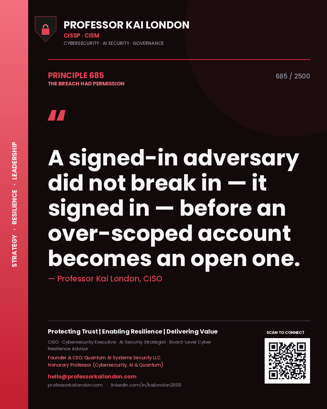 Quote card by Professor Kai London reading 'A signed-in adversary did not break in — it signed in — before an over-scoped account becomes an open one.'. From the book The Breach Had Permission.