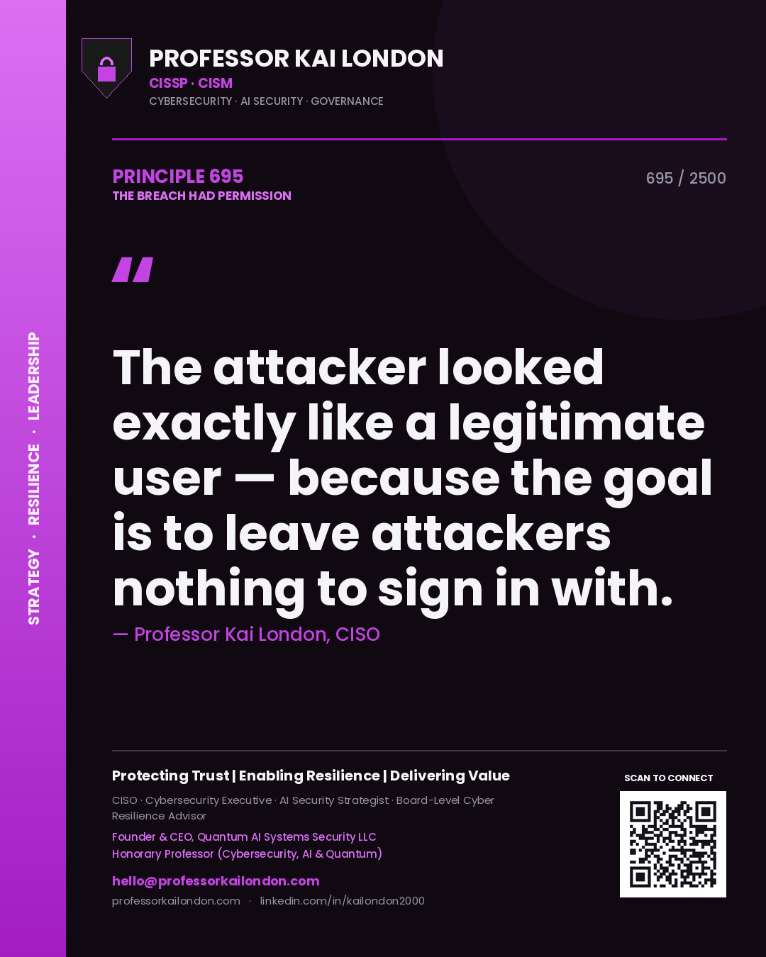 Professor Kai London principle 695: The attacker looked exactly like a legitimate user — because the goal is to leave attackers nothing to sign in with.
